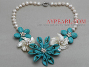 White Freshwater Pearl Shell and Turquoise Flower Necklace